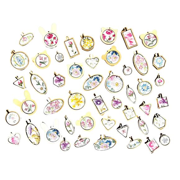 Small Round Handmade Embroidered Loom Pendants from Vintage Handkerchiefs - Picture 1 of 7